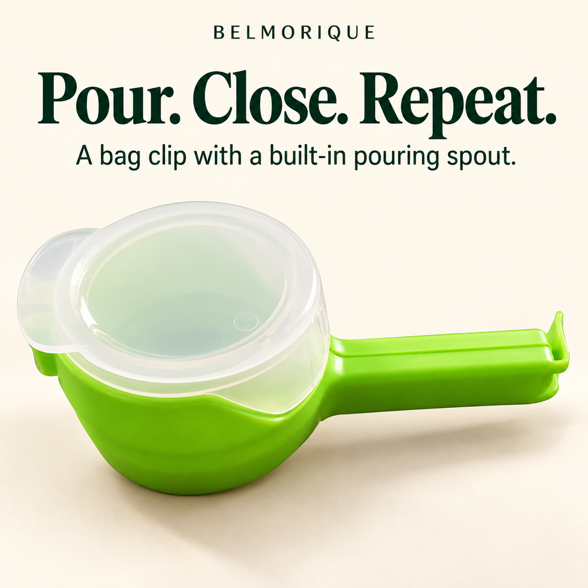 Green food bag sealing clip with translucent flip lid and built-in pouring spout