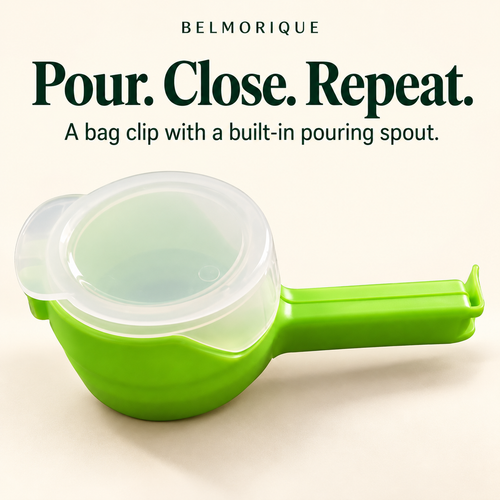 Green food bag sealing clip with translucent flip lid and built-in pouring spout