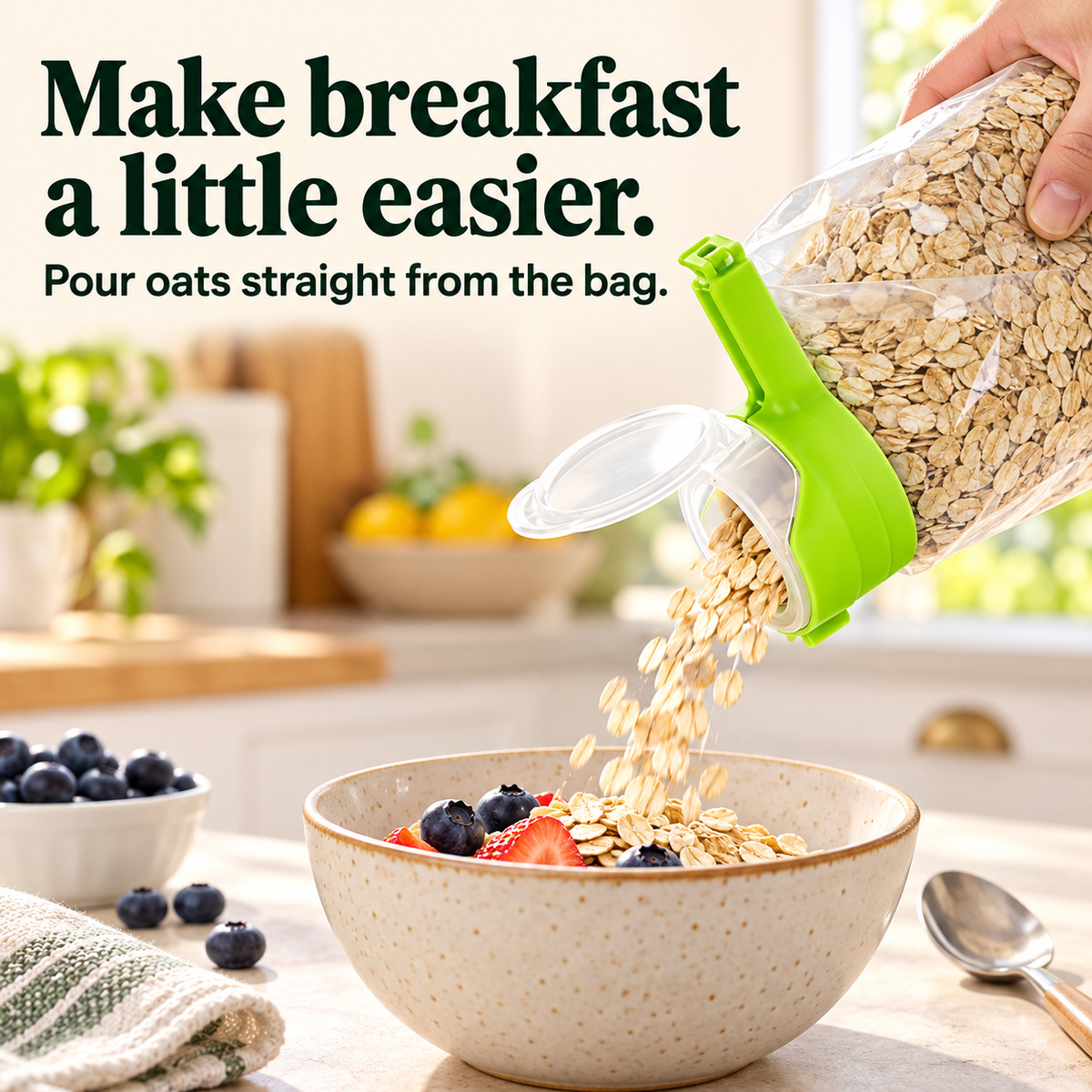 Pouring rolled oats through the bag clip into a breakfast bowl