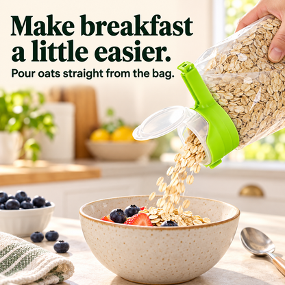 Pouring rolled oats through the bag clip into a breakfast bowl