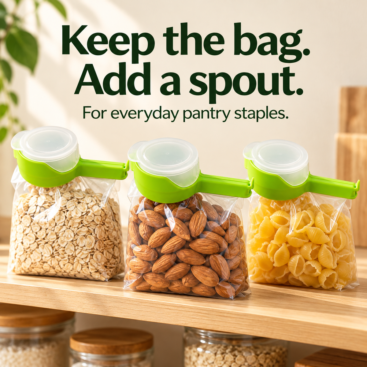 Oats, almonds and pasta bags fitted with reusable pouring clips