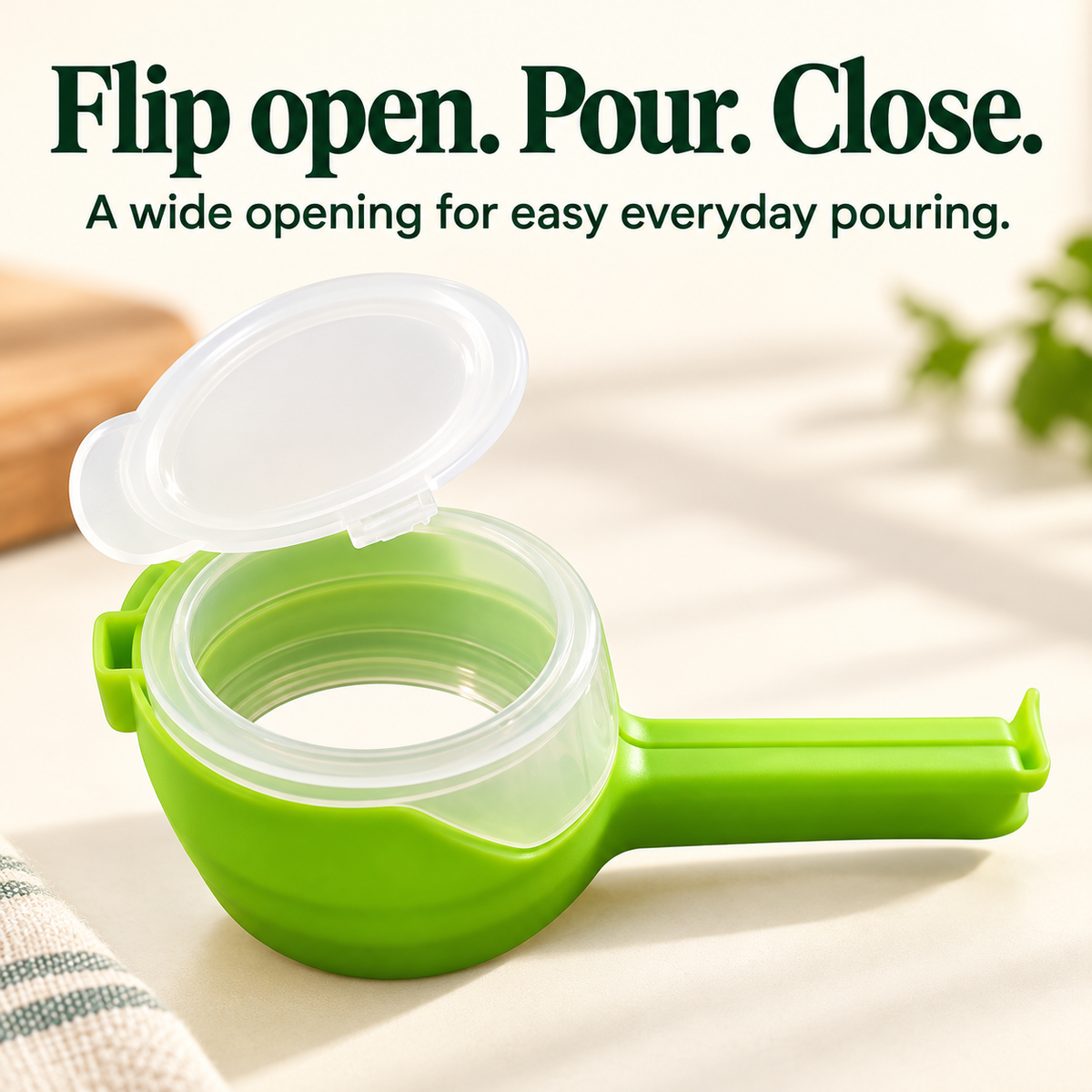 Close-up of the open flip lid and round pouring opening