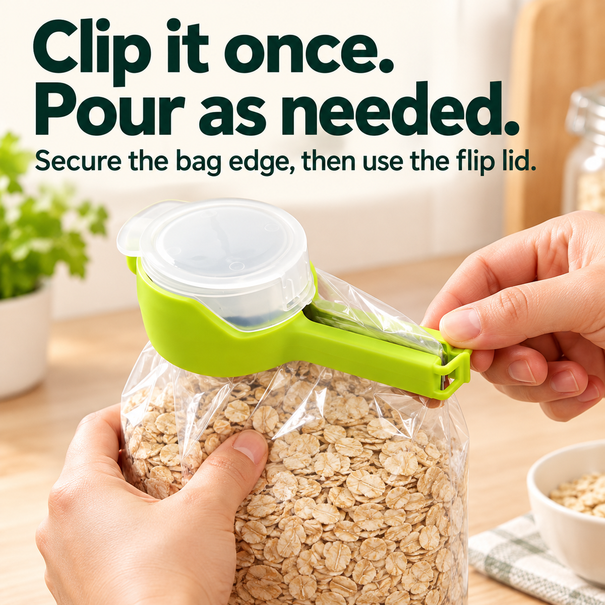 Fastening the long clip across the edge of an oat bag