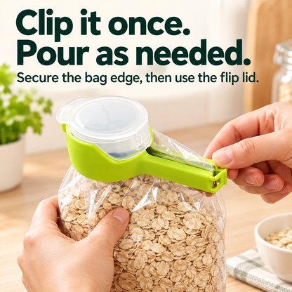 Fastening the long clip across the edge of an oat bag