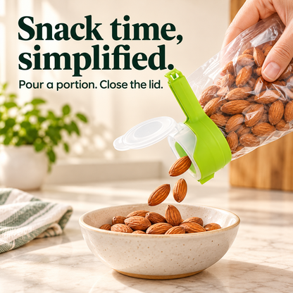 Pouring almonds from a clipped bag into a snack bowl