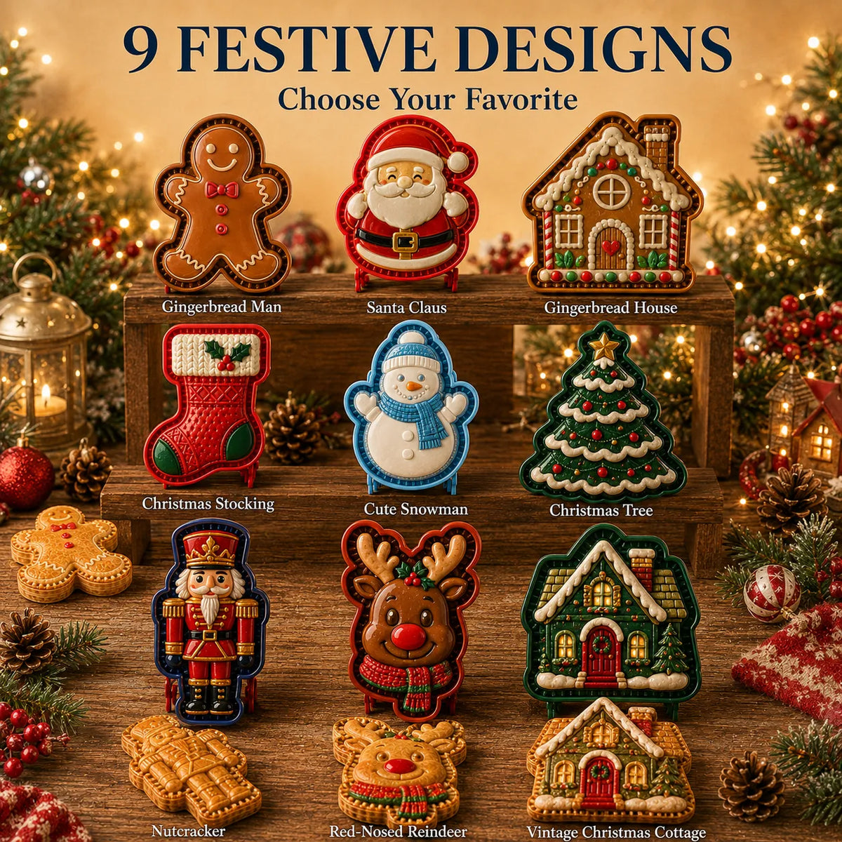 Nine Christmas mini pie mold designs including Santa, snowman, reindeer, tree, and gingerbread styles
