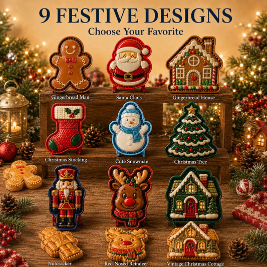 Nine Christmas mini pie mold designs including Santa, snowman, reindeer, tree, and gingerbread styles